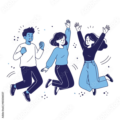 Three happy people jumping for joy, celebrating success.