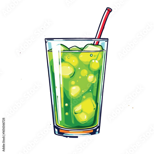 Vsai refreshing green carbonated drink with ice and straw in a glass