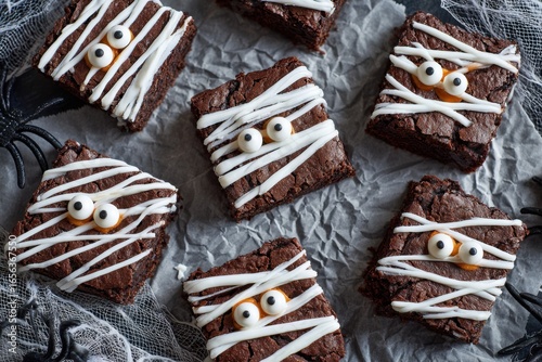 Mummy brownies with white icing and candy eyes for festive celebrations