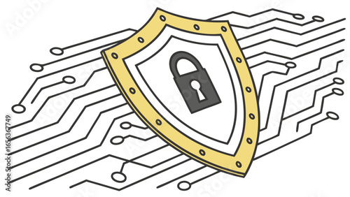 Digital Security Shield with Padlock and Circuitry.