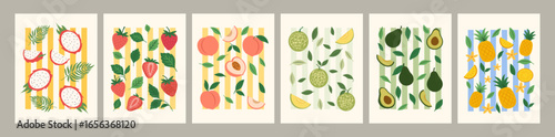 Set of colorful fruit summer poster. Modern print with hand drawn strawberry, dragon fruit, peach, melon, avocado, pineapple. Trendy design for wall decor, postcard, cover, packaging, t shirt.