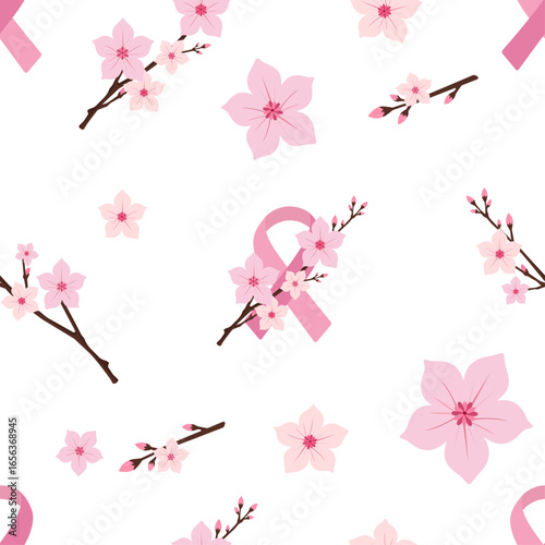Seamless pattern with pink ribbon, butterfly and cherry blossom flowers on white background, breast cancer awareness design symbolizing hope, prevention, women’s health and global support.