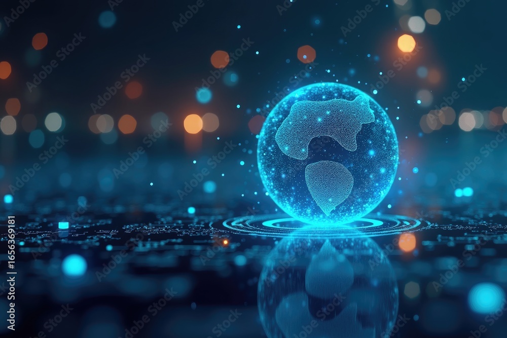 Obraz premium Illuminated globe, digital world map on a glowing surface.