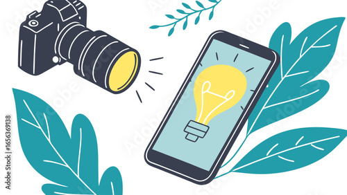 DSLR Camera and Smartphone with Idea Bulb Illustration.