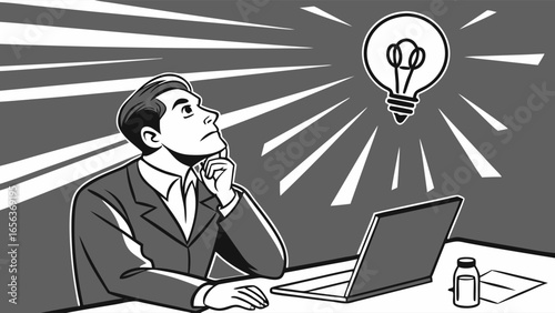 Businessman Contemplating Idea with Light Bulb Illustration.