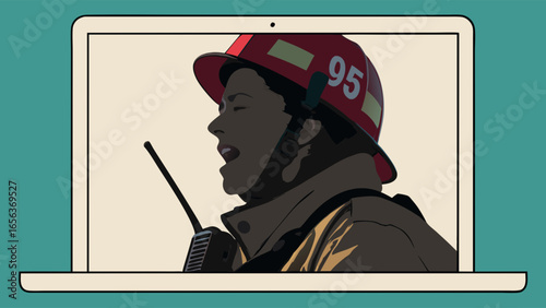 Firefighter in Helmet with Radio on Laptop Screen Illustration.