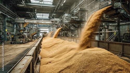 Modern grain processing factory with automated machinery and bulk cereal storage