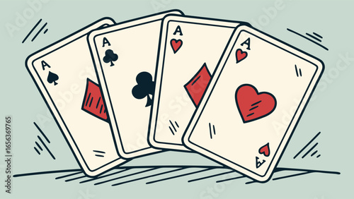 Four Aces Playing Cards HandDrawn Illustration.