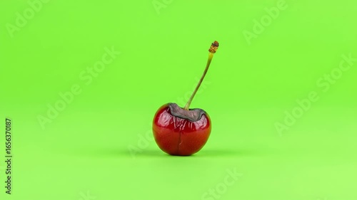 Red cherry with stem accelerated filming of food rotting against bright green background  