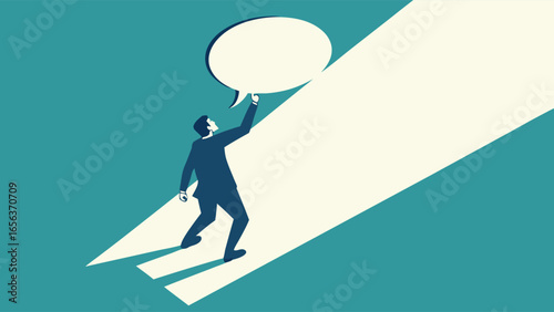 Businessman Reaching for Blank Speech Bubble on Incline.