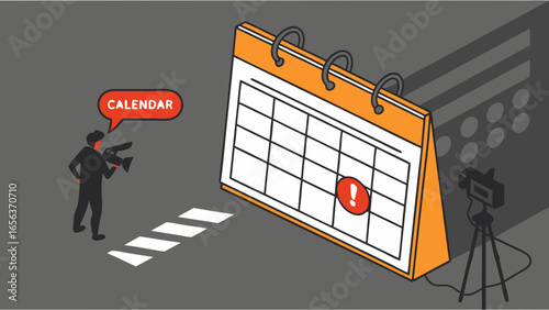 Giant Desk Calendar with Important Date Highlighted and Filming Crew.