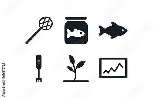 flat black solid icon items isolated on white background scientist (freshwater biologist): net jar fish probe plant chart