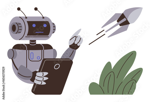 Robot holding tablet directs rocket launch beside greenery. Ideal for innovation, robotics, technology, automation, artificial intelligence, futuristic concepts, educational tools. Simple flat