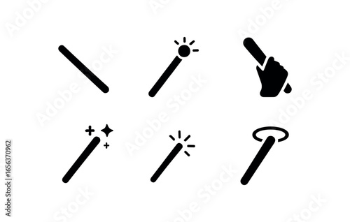 flat black solid icon items isolated on white background device (gesture wand): stick light grip tap beam ring