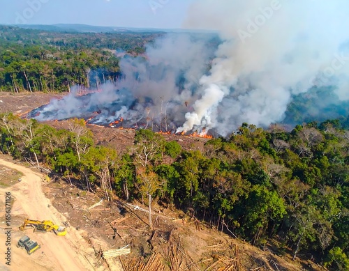 A dystopian aerial view of a rainforest destroyed by illegal logging