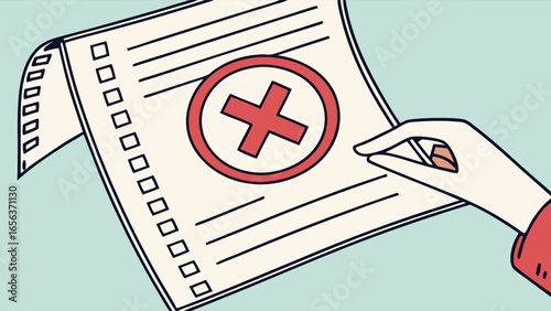 Hand Holding Checklist with Red Cross Mark Indicating Rejection or Failure.
