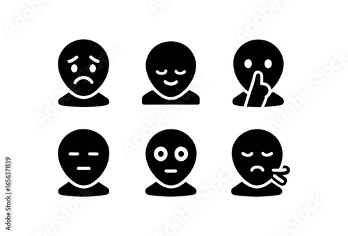 flat black solid icon items isolated on white background feeling (solemn): frown bow hush still gaze sigh