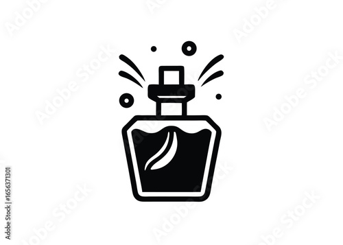 Vector art of black icon of a perfume bottle with spray and splashes