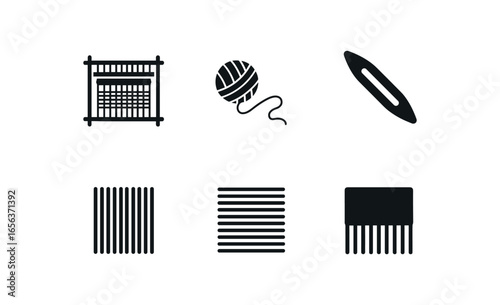 flat black solid icon items isolated on white background craft (rug weaving): loom yarn shuttle warp weft fringe