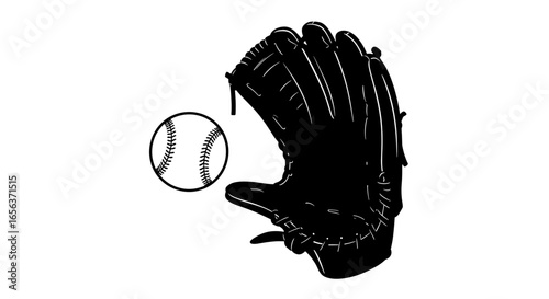 Baseball glove and ball vector illustration for sports equipment and game design with black and white theme -