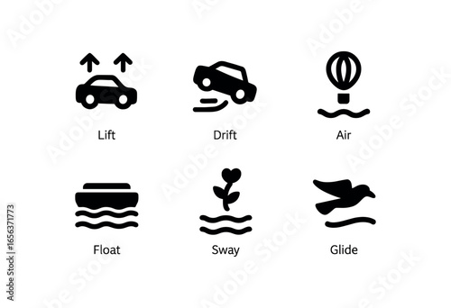 flat black solid icon items isolated on white background motion (hover): lift drift air float sway glide