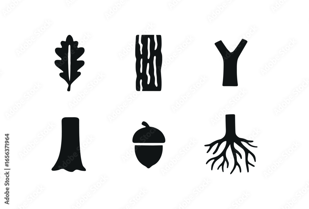 Fototapeta premium flat black solid icon items isolated on white background tree (oak): leaf bark branch trunk acorn root