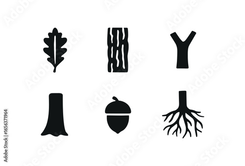 flat black solid icon items isolated on white background tree (oak): leaf bark branch trunk acorn root