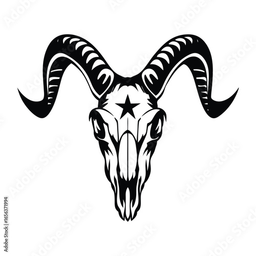 Stylized Ram Skull Illustration with Star on Forehead in Black and White | Ai Generated