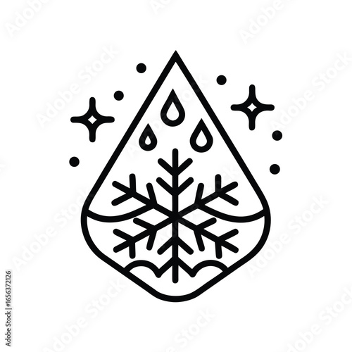 Vector art of black outline of a water drop containing a snowflake and sparkles, symbolizing cold and purity