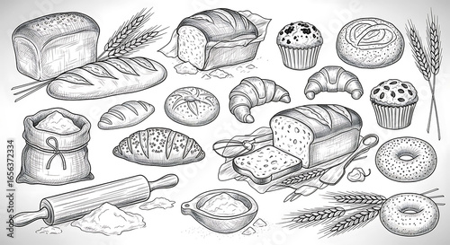 Assortment of Hand- Drawn Bakery Items Including Bread, Croissants, Muffins, and Doughnuts image