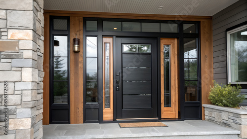 Modern front door with sidelights and transom windows framed by stone and wood exterior details