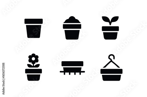 flat black solid icon items isolated on white background planter (porch): pot soil leaf bloom rail hook