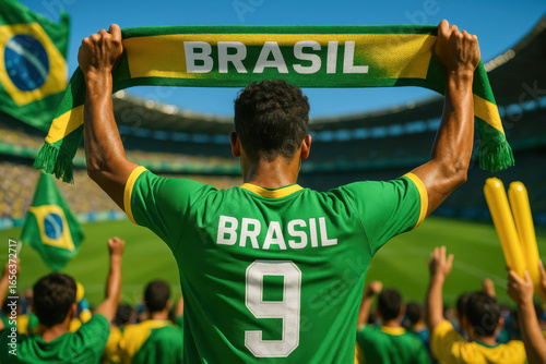 Brazilian supporter in green jersey holding Brasil scarf in stadium