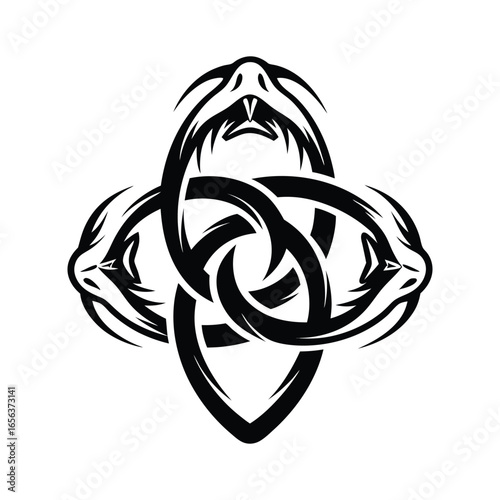 Abstract Snake Knot Design with Four Heads in Black and White Illustration | Ai Generated