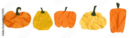 pumpkins crumpled paper texture. trendy pumpkin collage for halloween.Old torn sheets, retro design