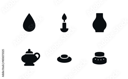 flat black solid icon items isolated on white background light (hand oil lamp): wick flame glass handle cap base
