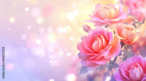 Close-up of blooming peach roses with rich petal layers, blurred background of soft glowing bokeh