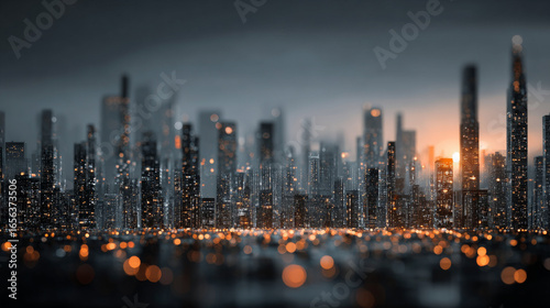 Futuristic city skyline with glowing lights creates mesmerizing urban landscape. blurred foreground adds depth, enhancing city vibrant and dynamic atmosphere