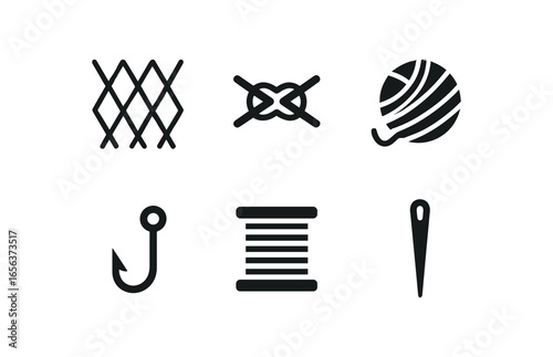 flat black solid icon items isolated on white background worker (net mender): mesh knot twine hook spool needle