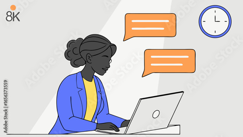 Businesswoman Working on Laptop Online Communication Chat Bubbles.