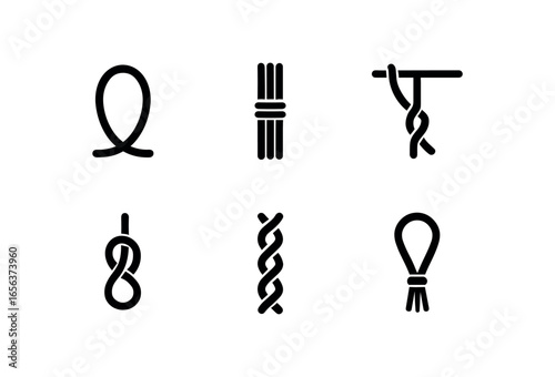 flat black solid icon items isolated on white background craft (cord knotting): loop rope hitch twist braid pull