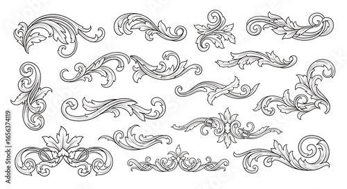 Collection Of Black And White Ornate Swirls And Flourishes On White Background decorative