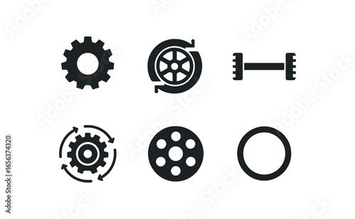flat black solid icon items isolated on white background motion (gear rotation): tooth rim axle spin hub ring