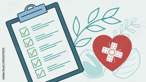 Heart Health Checklist with Bandage a Symbol of Medical Care and Wellness.