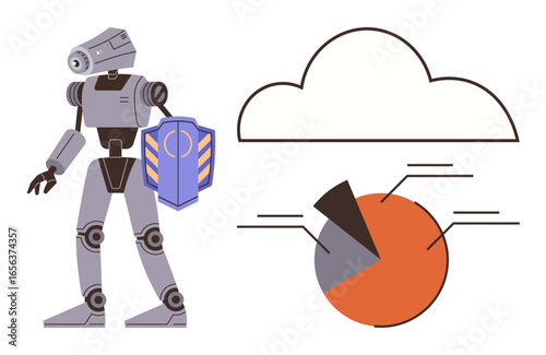 Robot holding shield stands next to cloud outline and segmented pie chart. Ideal for cybersecurity, AI protection, cloud computing, data analysis, secure innovation, tech defense, simple flat