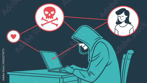Hooded Figure Engaging in Online Deception and Identity Theft.