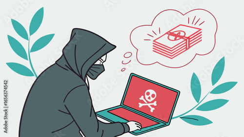 Hooded Hacker Figure with Laptop Displaying Skull and Crossbones Dreaming of Money.