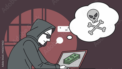 Hooded Hacker Figure with Laptop Showing Money and Skull and Crossbones Thought Bubble.