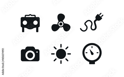 flat black solid icon items isolated on white background pilot (deepwater drone): hull prop cable camera light gauge