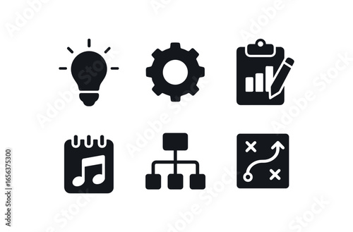 flat black solid icon items isolated on white background thinker (innovator): bulb gear sketch note model plan